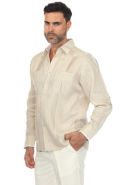 A man wears a full view of a long-sleeve, off-white 100% Linen Contrast Panel Guayabera Shirt.