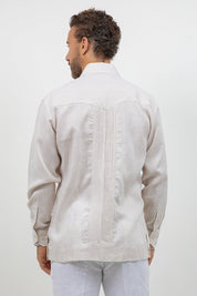 Camisa Guayabera de Manga Larga con Paneles en Contraste 100% Lino