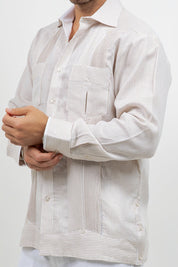 Camisa Guayabera de Manga Larga con Paneles en Contraste 100% Lino