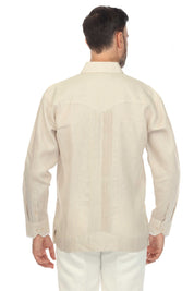 Back view of a tan, long-sleeved 100% Linen Contrast Panel Guayabera Shirt, showing vertical pin-stripes and textured panels.