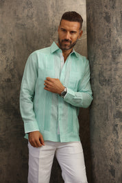 Mojito Men’s 100% Linen Long Sleeve Guayabera – Contrast Panel & Tonal Pleats