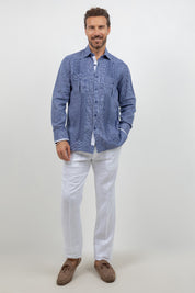 Camisa Guayabera de Manga Larga con Paneles en Contraste 100% Lino