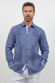 Camisa Guayabera de Manga Larga con Paneles en Contraste 100% Lino