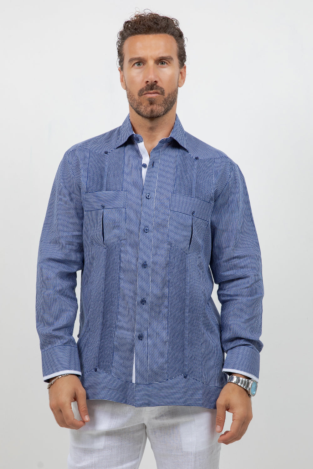 Camisa Guayabera de Manga Larga con Paneles en Contraste 100% Lino