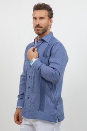 Camisa Guayabera de Manga Larga con Paneles en Contraste 100% Lino