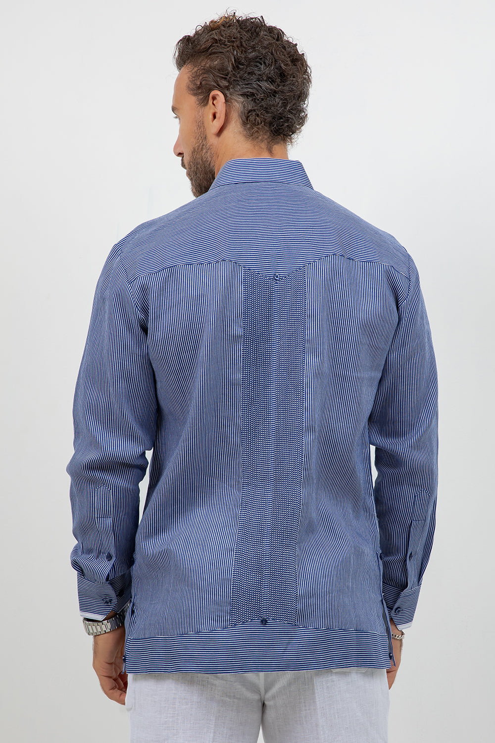 Camisa Guayabera de Manga Larga con Paneles en Contraste 100% Lino
