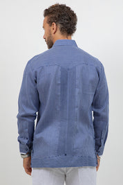 Camisa Guayabera de Manga Larga con Paneles en Contraste 100% Lino