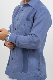 Camisa Guayabera de Manga Larga con Paneles en Contraste 100% Lino