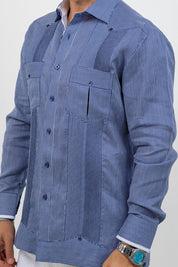 Camisa Guayabera de Manga Larga con Paneles en Contraste 100% Lino