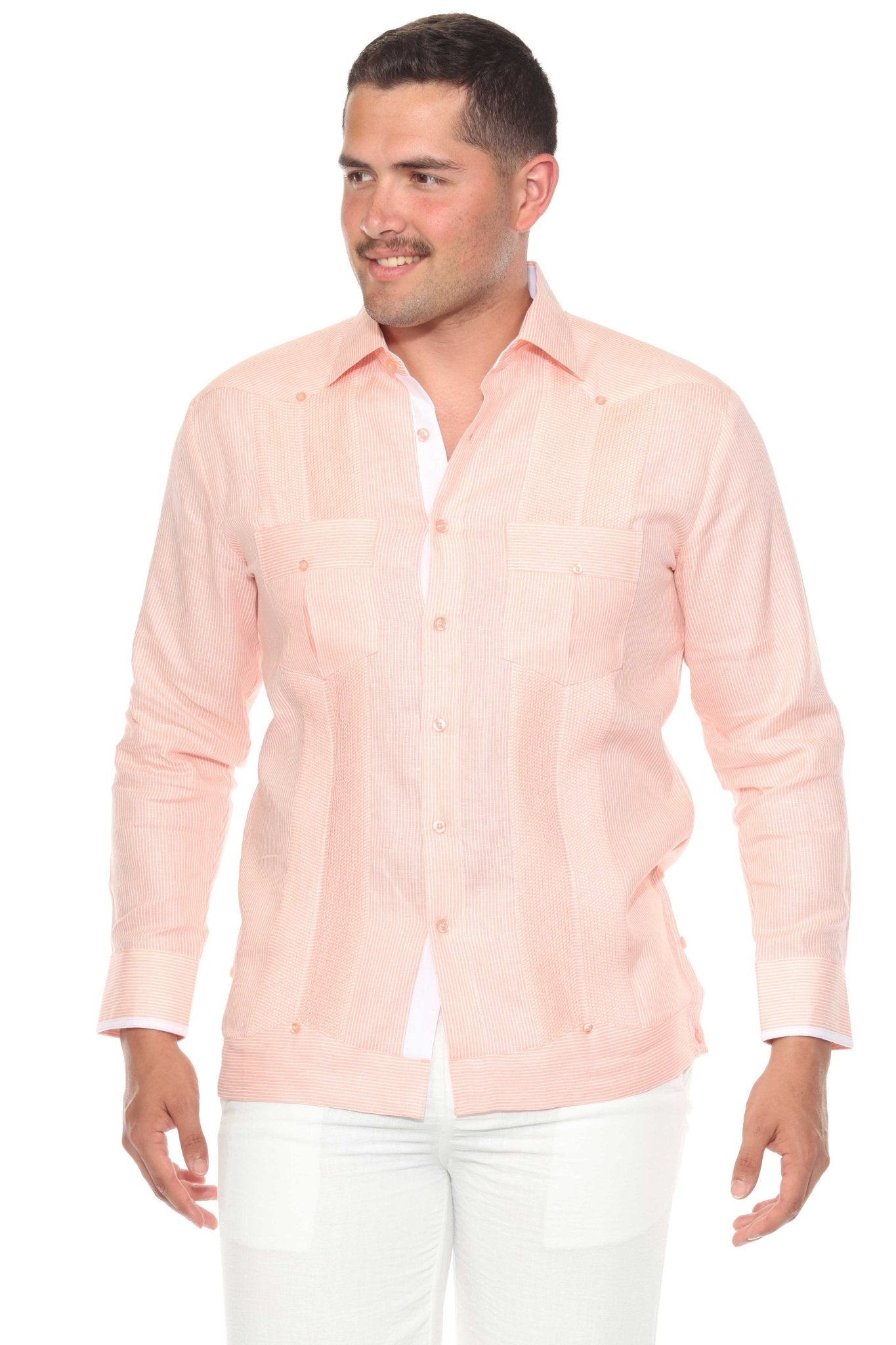 Front view of a man wearing the peach-colored 100% Linen Contrast Panel Guayabera Shirt Long Sleeve with contrast white collar.