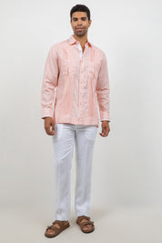 Camisa Guayabera de Manga Larga con Paneles en Contraste 100% Lino