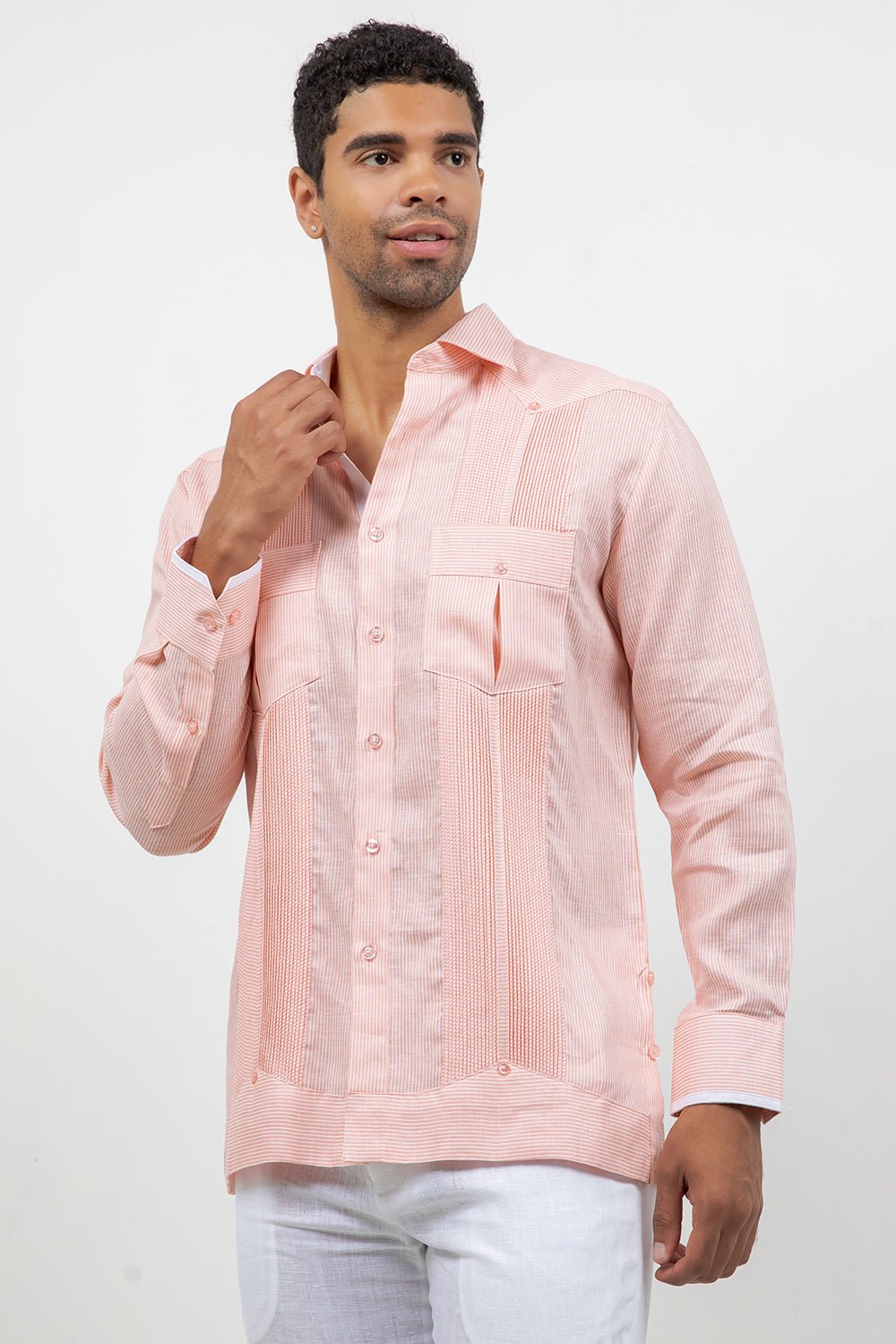 Camisa Guayabera de Manga Larga con Paneles en Contraste 100% Lino