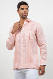 Camisa Guayabera de Manga Larga con Paneles en Contraste 100% Lino