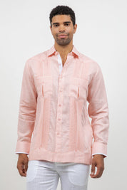 Camisa Guayabera de Manga Larga con Paneles en Contraste 100% Lino