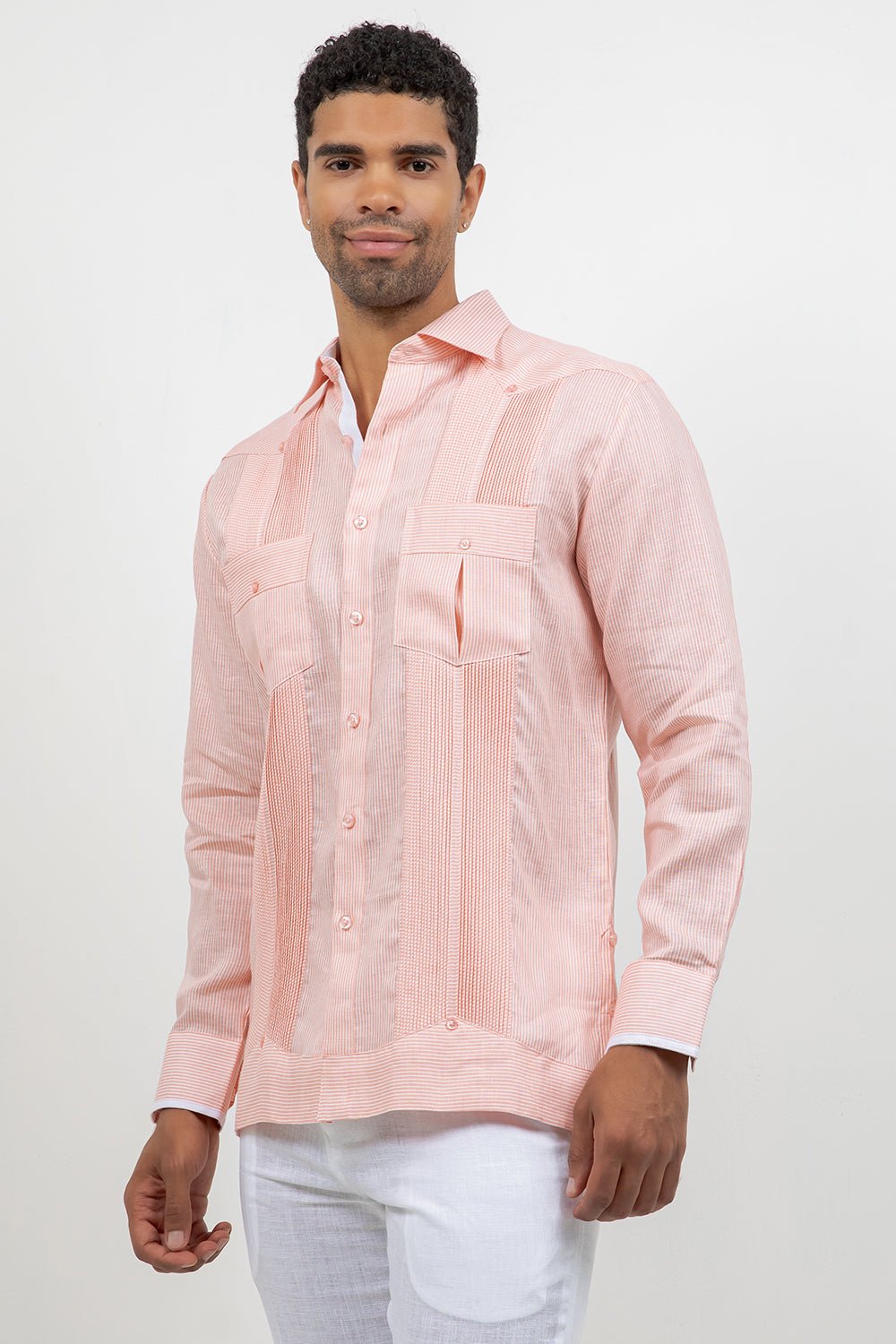 Camisa Guayabera de Manga Larga con Paneles en Contraste 100% Lino