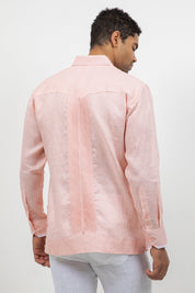 Camisa Guayabera de Manga Larga con Paneles en Contraste 100% Lino