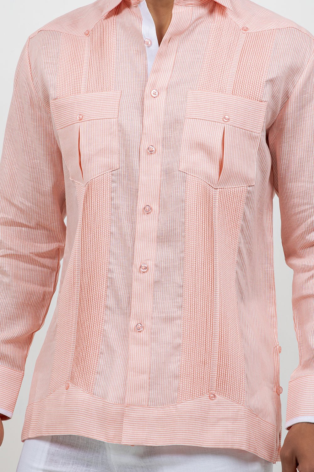 Camisa Guayabera de Manga Larga con Paneles en Contraste 100% Lino