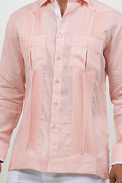 Camisa Guayabera de Manga Larga con Paneles en Contraste 100% Lino
