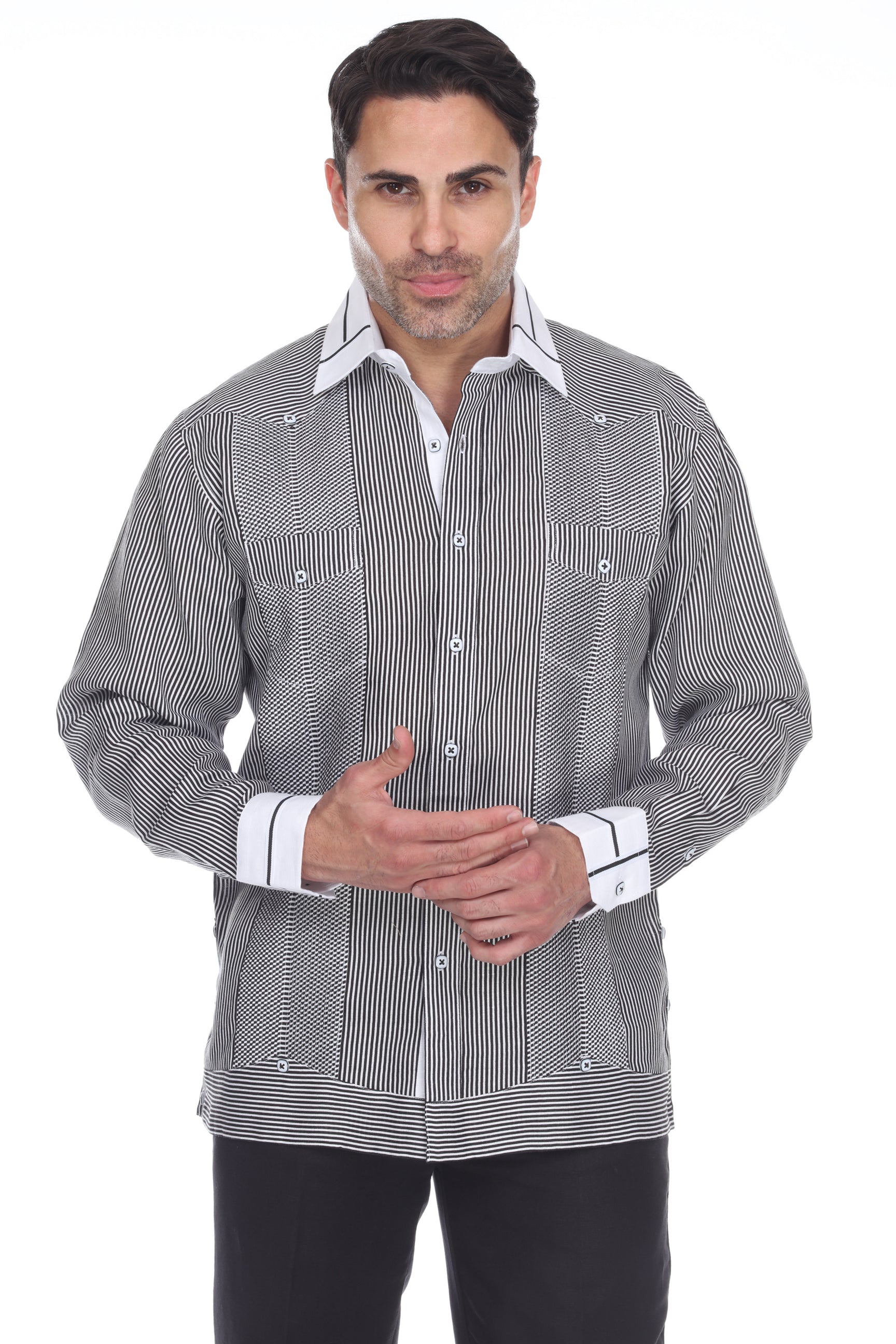 Camisa Guayabera de Lino 100% con Rayas para Hombre, Manga Larga y Cuello con Detalles de Ribete