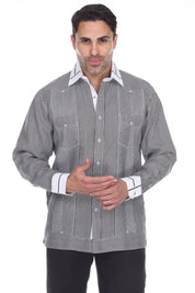 Camisa Guayabera de Lino 100% con Rayas para Hombre, Manga Larga y Cuello con Detalles de Ribete