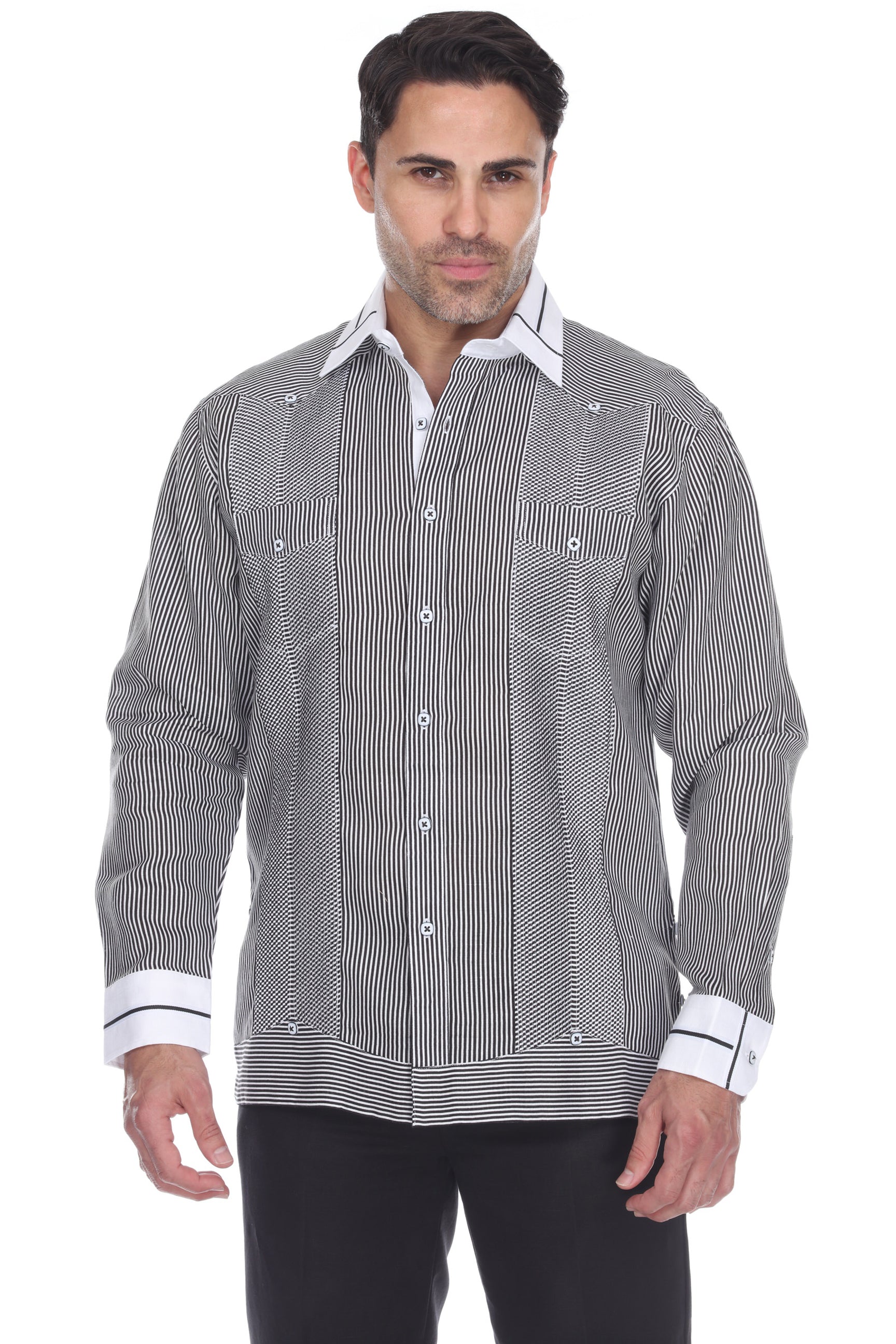 Camisa Guayabera de Lino 100% con Rayas para Hombre, Manga Larga y Cuello con Detalles de Ribete