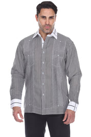 Camisa Guayabera de Lino 100% con Rayas para Hombre, Manga Larga y Cuello con Detalles de Ribete