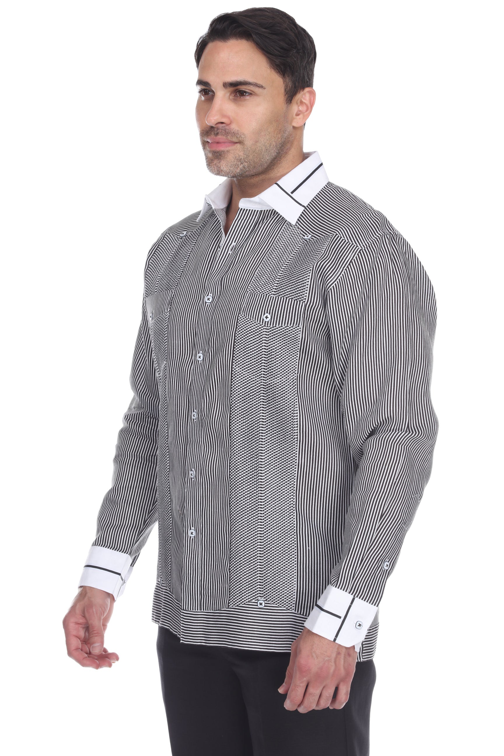 Camisa Guayabera de Lino 100% con Rayas para Hombre, Manga Larga y Cuello con Detalles de Ribete