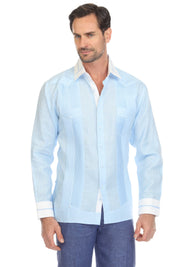 Camisa Guayabera de Lino 100% con Rayas para Hombre, Manga Larga y Cuello con Detalles de Ribete