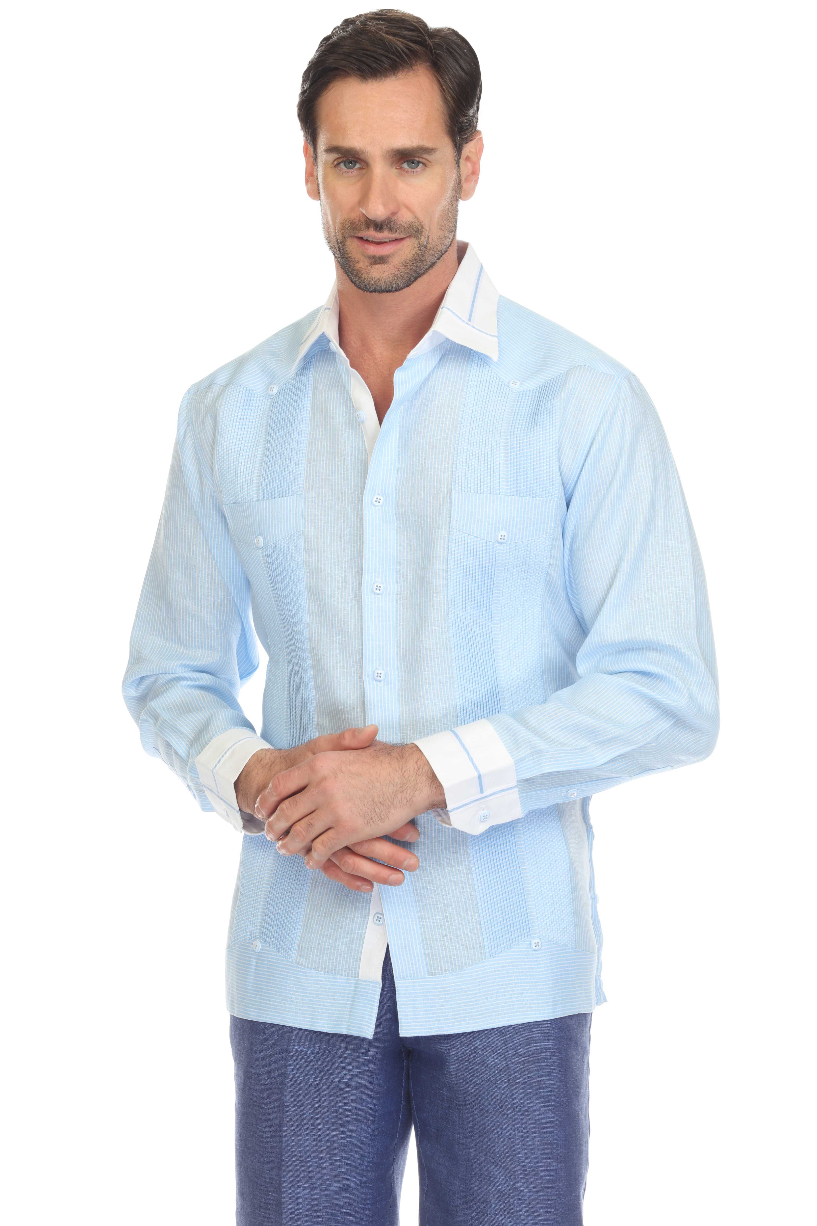Camisa Guayabera de Lino 100% con Rayas para Hombre, Manga Larga y Cuello con Detalles de Ribete