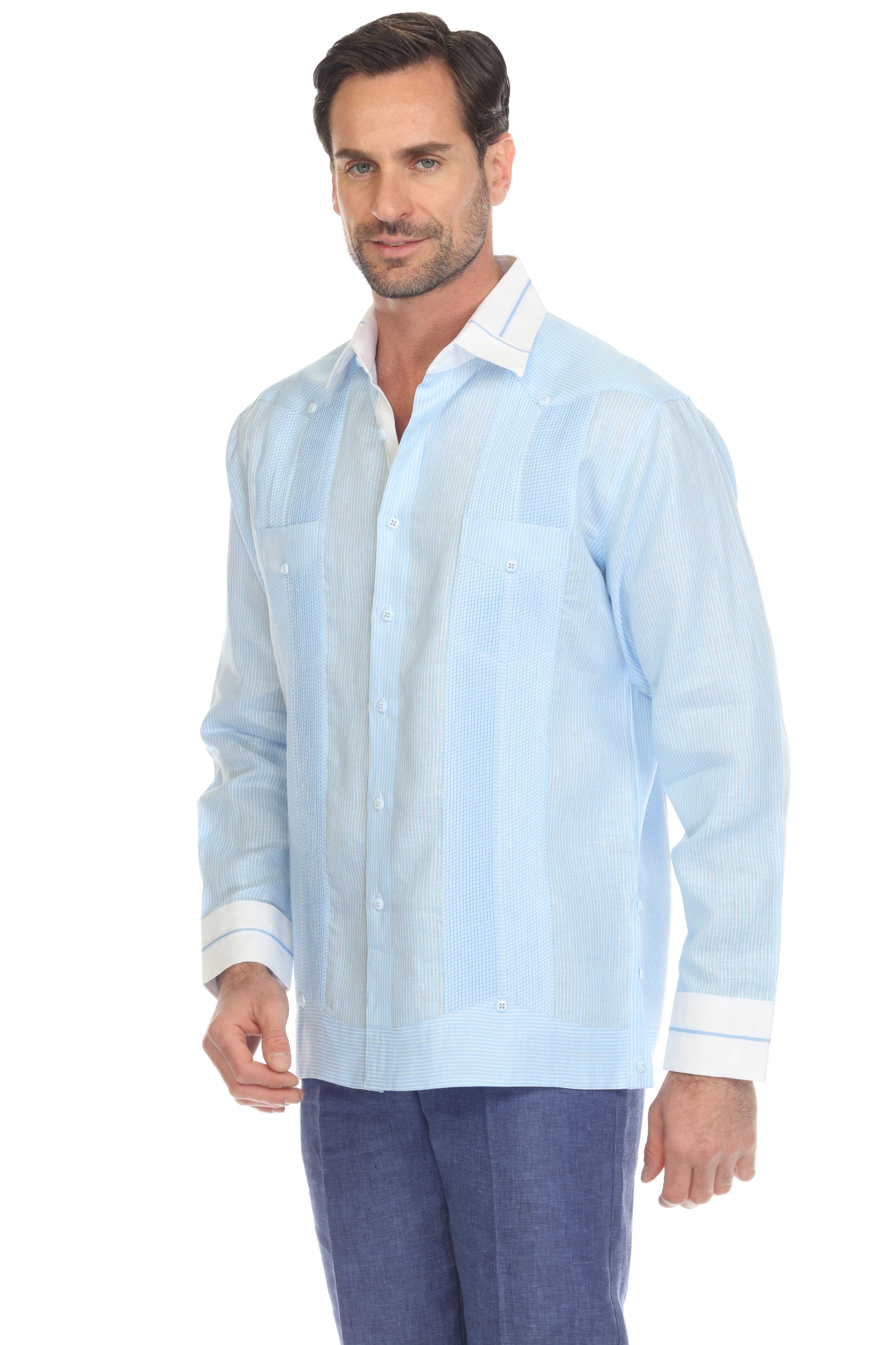 Camisa Guayabera de Lino 100% con Rayas para Hombre, Manga Larga y Cuello con Detalles de Ribete