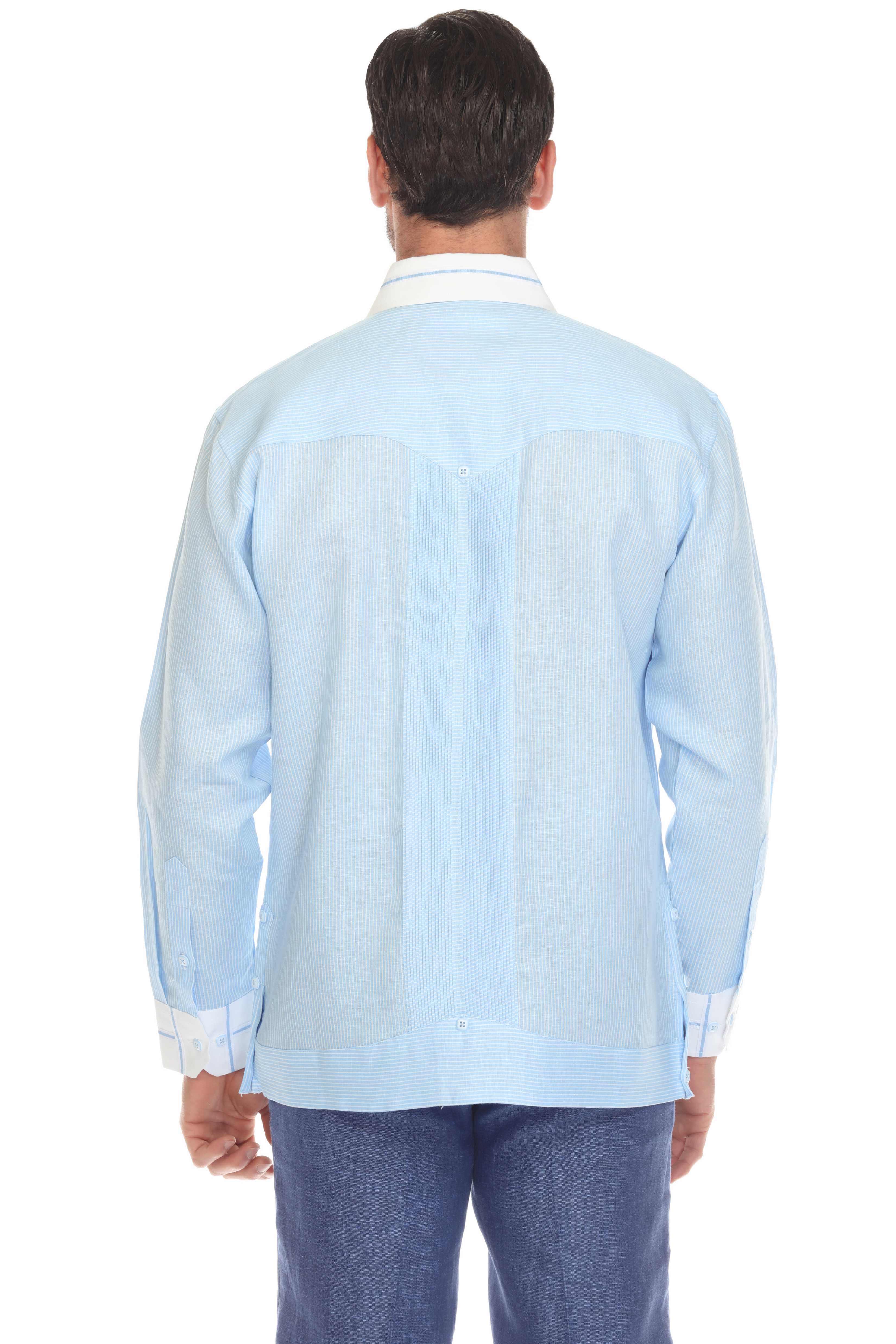Camisa Guayabera de Lino 100% con Rayas para Hombre, Manga Larga y Cuello con Detalles de Ribete