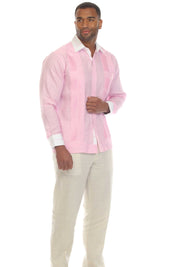 Camisa Guayabera de Lino 100% con Rayas para Hombre, Manga Larga y Cuello con Detalles de Ribete