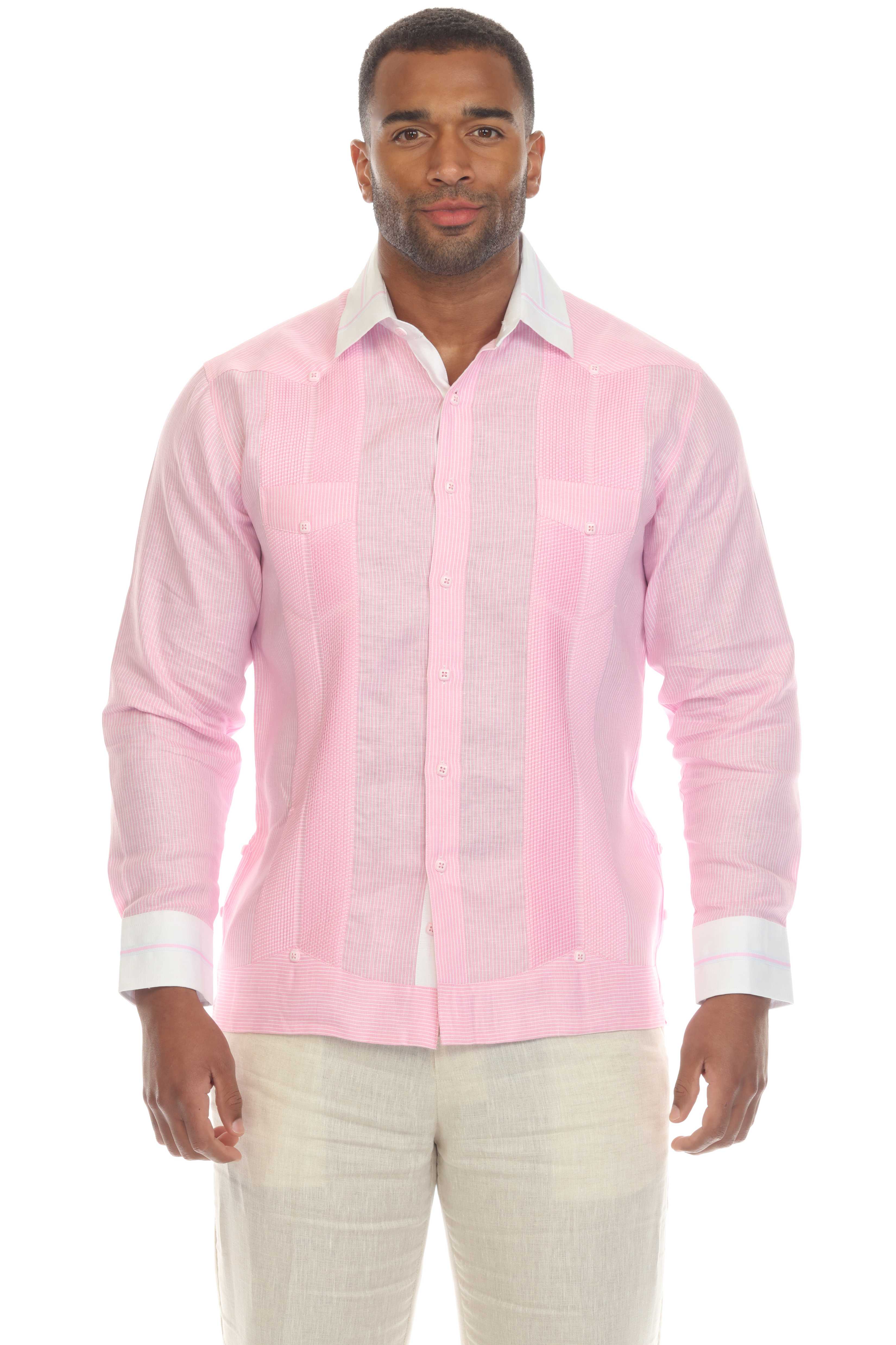 Camisa Guayabera de Lino 100% con Rayas para Hombre, Manga Larga y Cuello con Detalles de Ribete