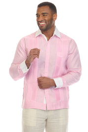 Camisa Guayabera de Lino 100% con Rayas para Hombre, Manga Larga y Cuello con Detalles de Ribete