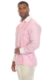 Camisa Guayabera de Lino 100% con Rayas para Hombre, Manga Larga y Cuello con Detalles de Ribete