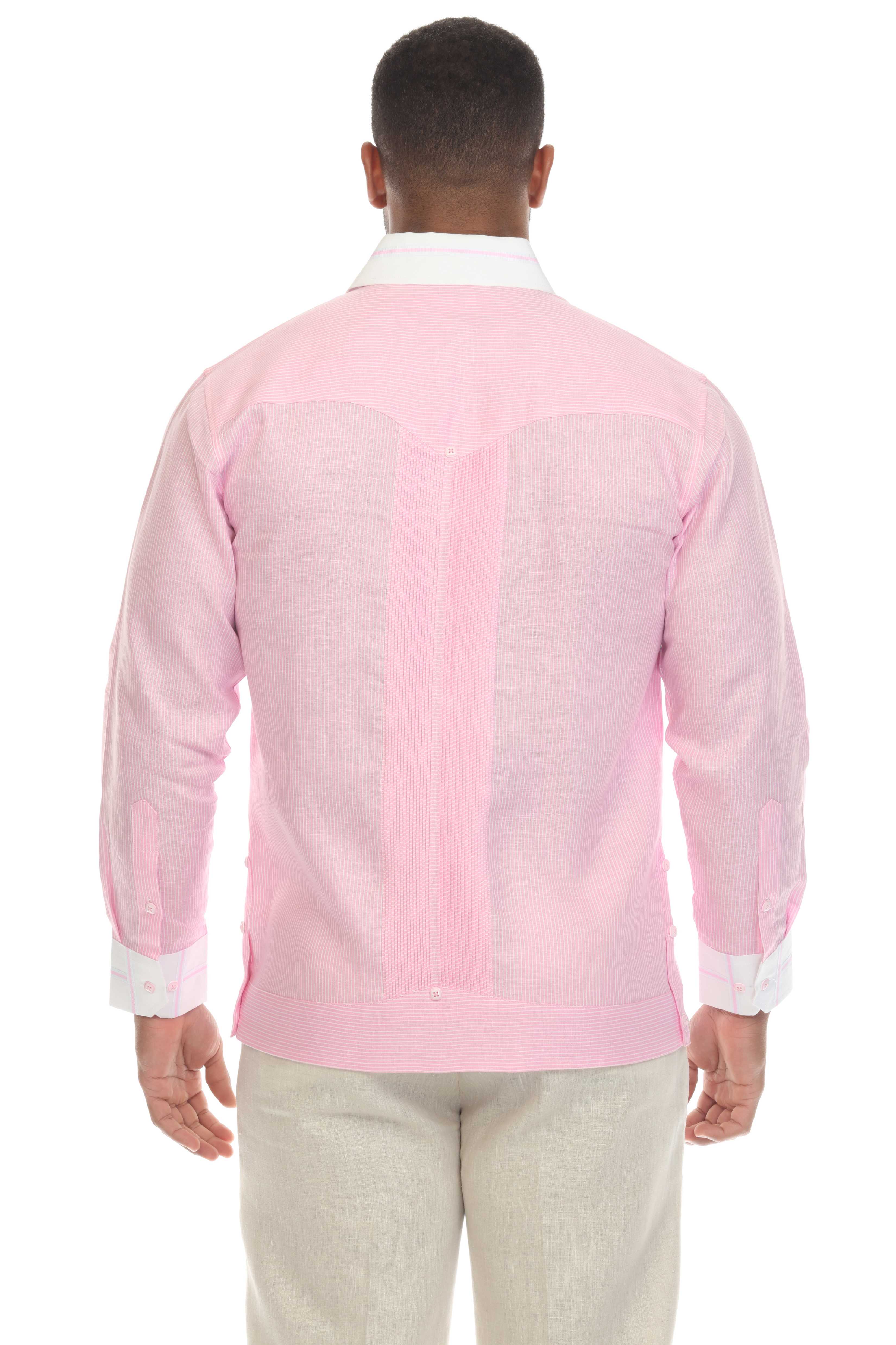 Camisa Guayabera de Lino 100% con Rayas para Hombre, Manga Larga y Cuello con Detalles de Ribete