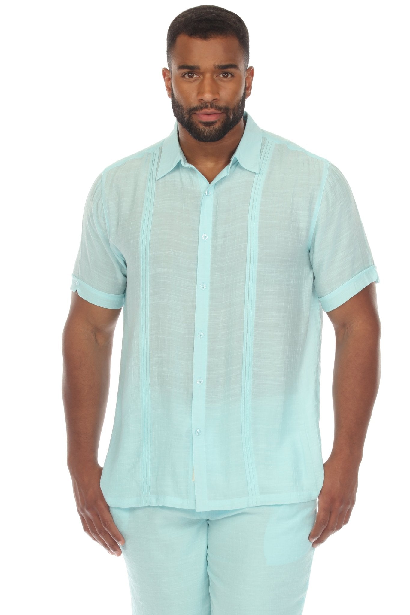 Camisa de playa para hombre de manga corta con botones y pliegues