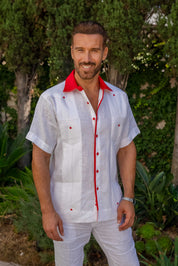 Camisa Guayabera Mojito para Hombre, Manga Larga, 100 % Lino, con Estampado Elegante en el Ribete