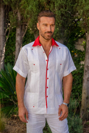Camisa Guayabera Mojito para Hombre, Manga Larga, 100 % Lino, con Estampado Elegante en el Ribete