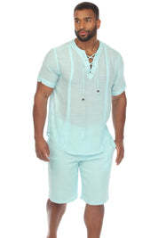 Camisa Henley con cordones de manga corta para playa de hombre