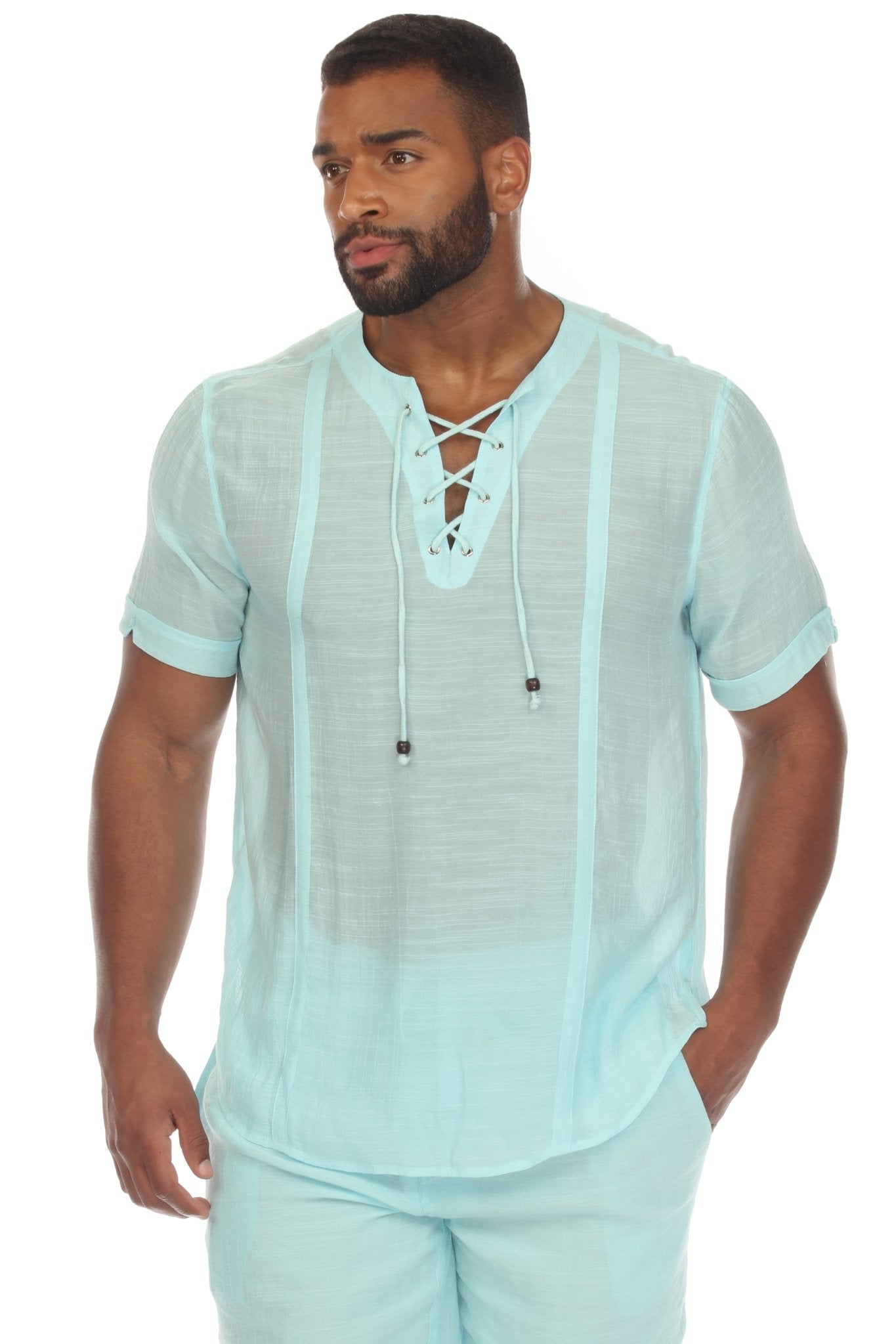 Camisa Henley con cordones de manga corta para playa de hombre