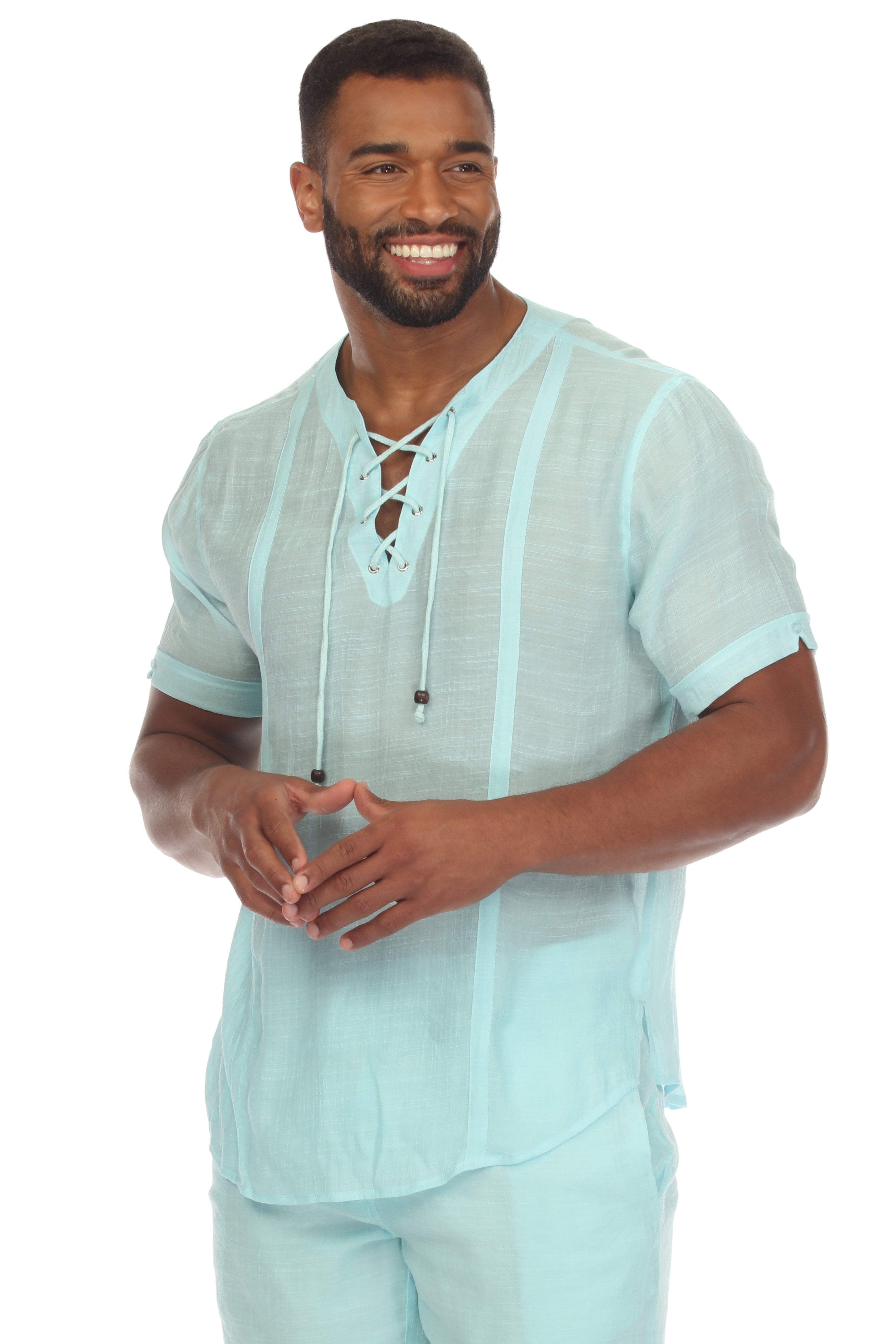 Camisa Henley con cordones de manga corta para playa de hombre