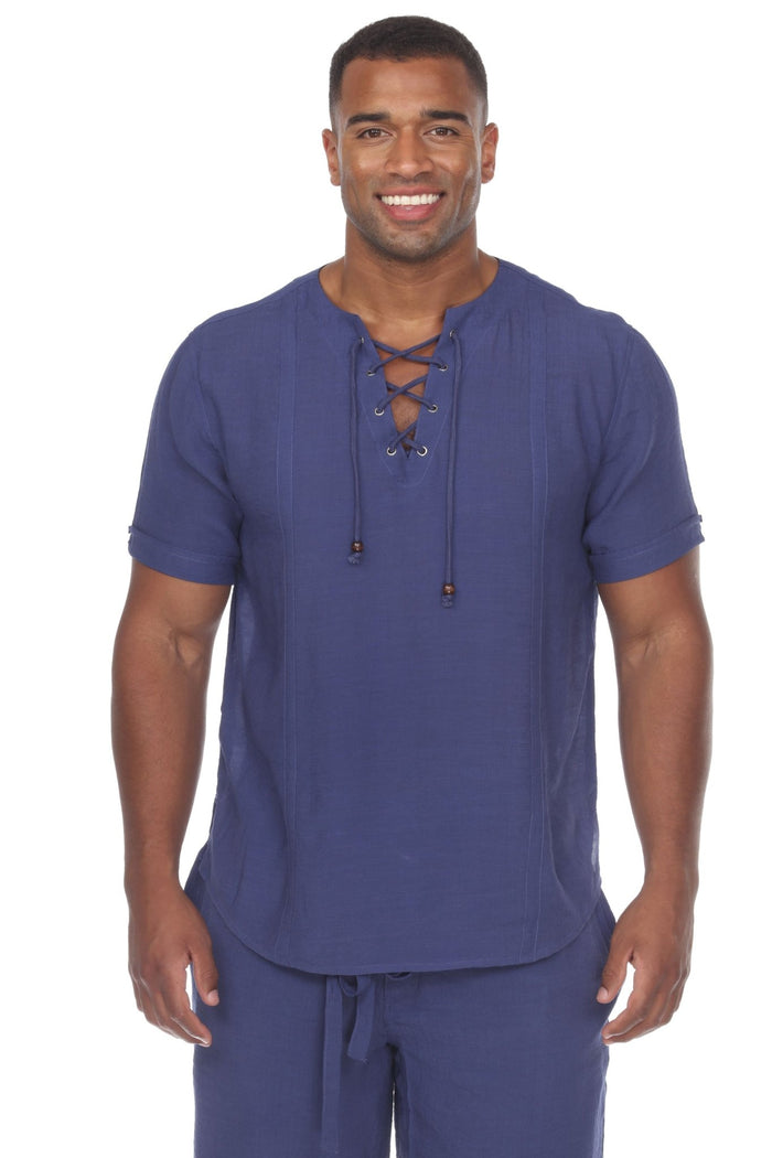Beachwear Henley Lace Up Shirt Short Sleeve