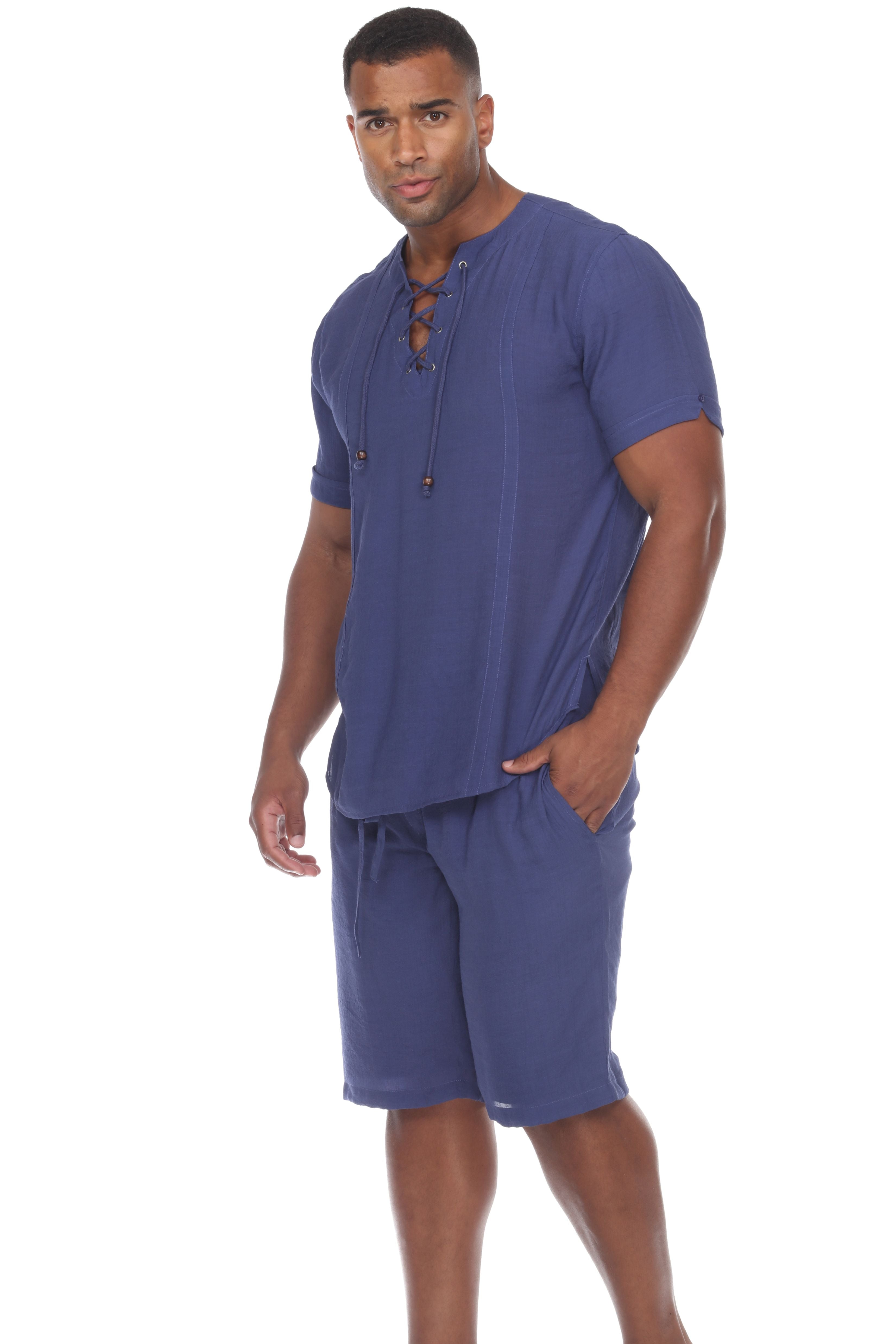 Camisa Henley con cordones de manga corta para playa de hombre