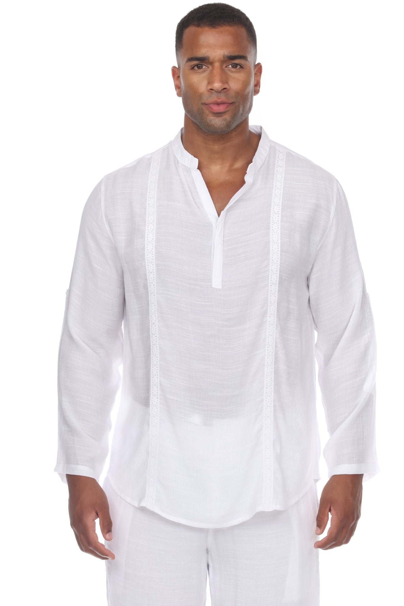 Camicia Uomo In Misto Lino E Cotone Henley Manica Lunga - Bianco, Taglia XL - Casual Estiva E Primaverile