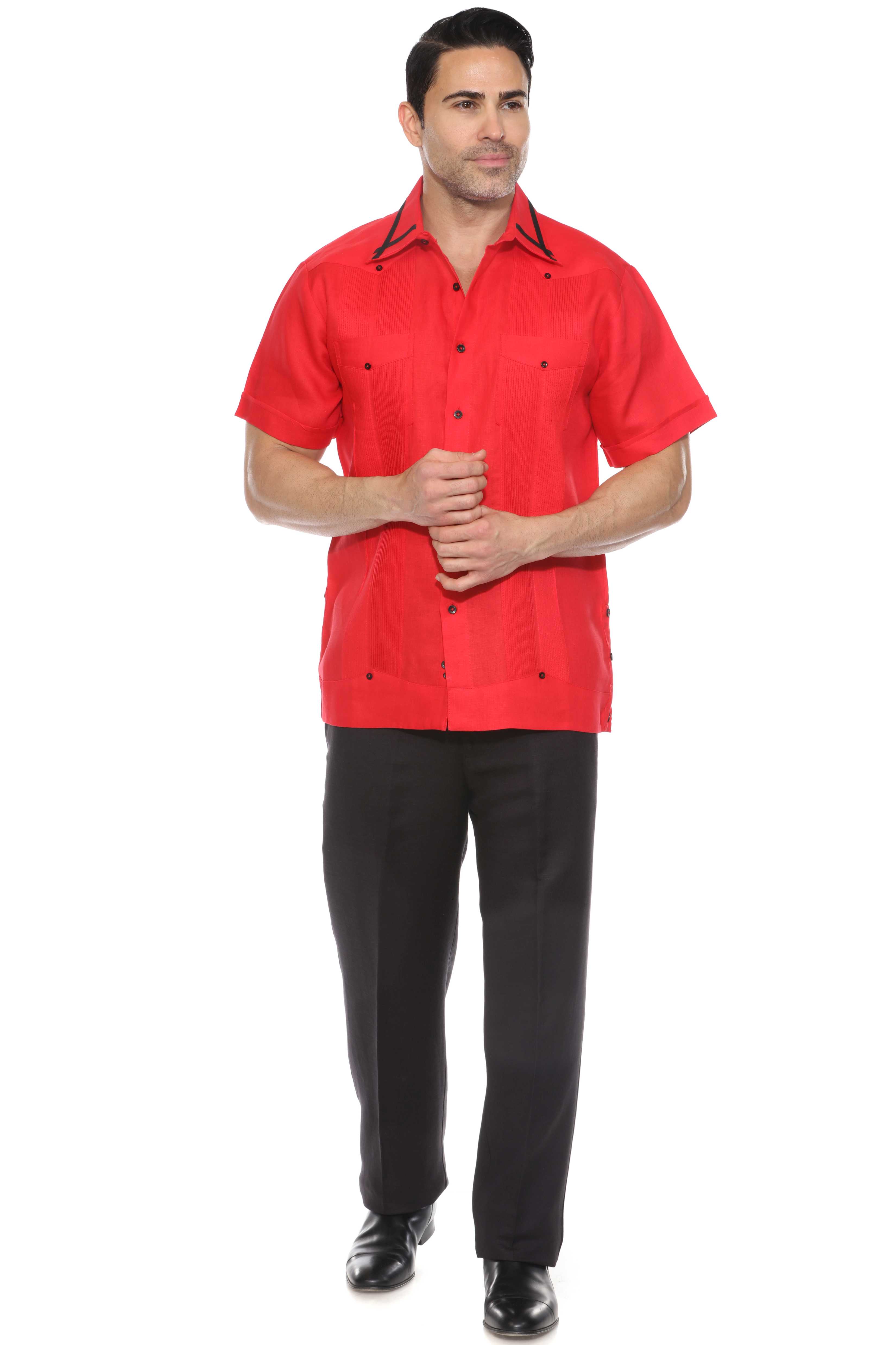 Camisa Guayabera para Hombre Manga Corta 100% Lino con Ribete en Contraste