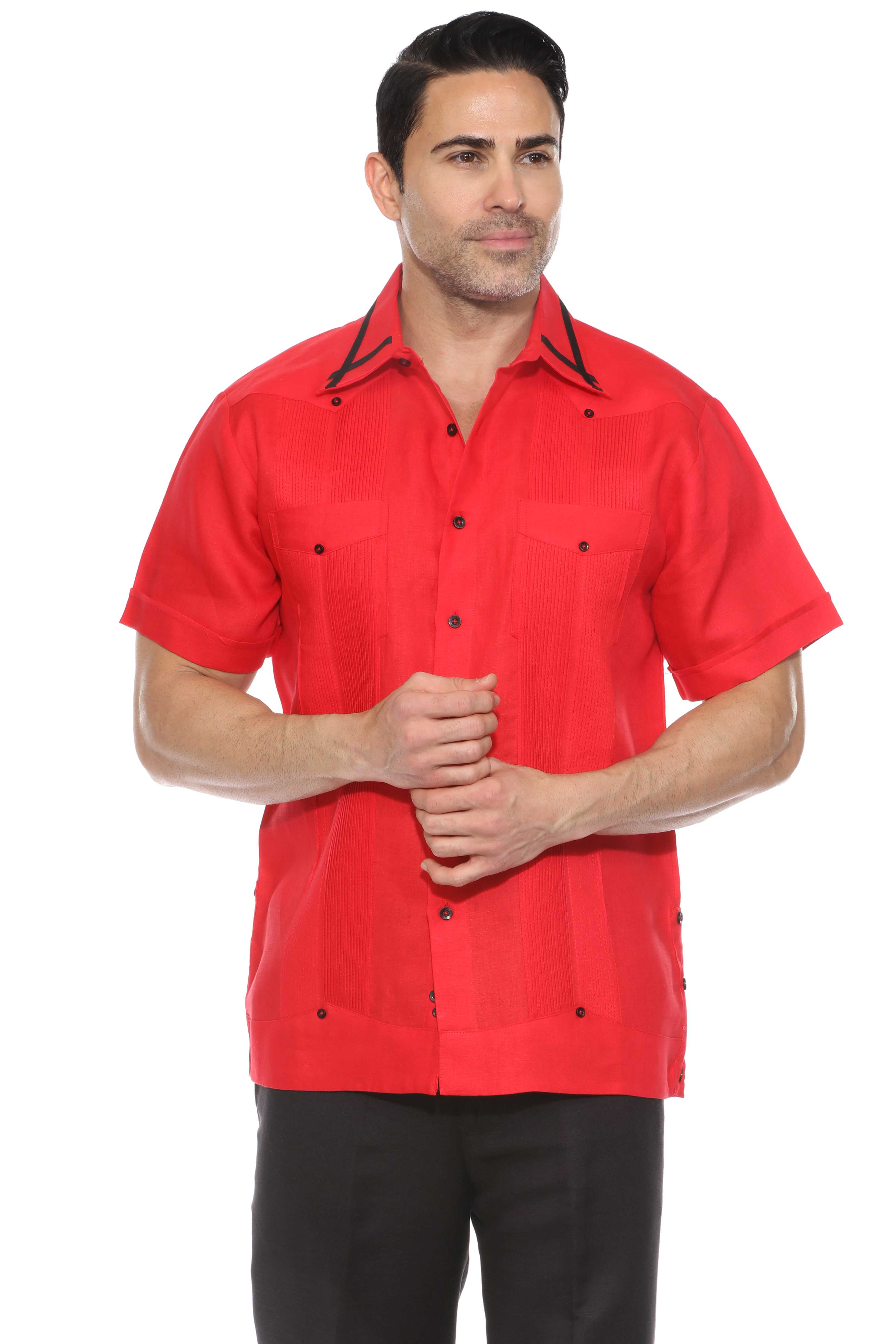 Camisa Guayabera para Hombre Manga Corta 100% Lino con Ribete en Contraste