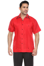 Camisa Guayabera para Hombre Manga Corta 100% Lino con Ribete en Contraste
