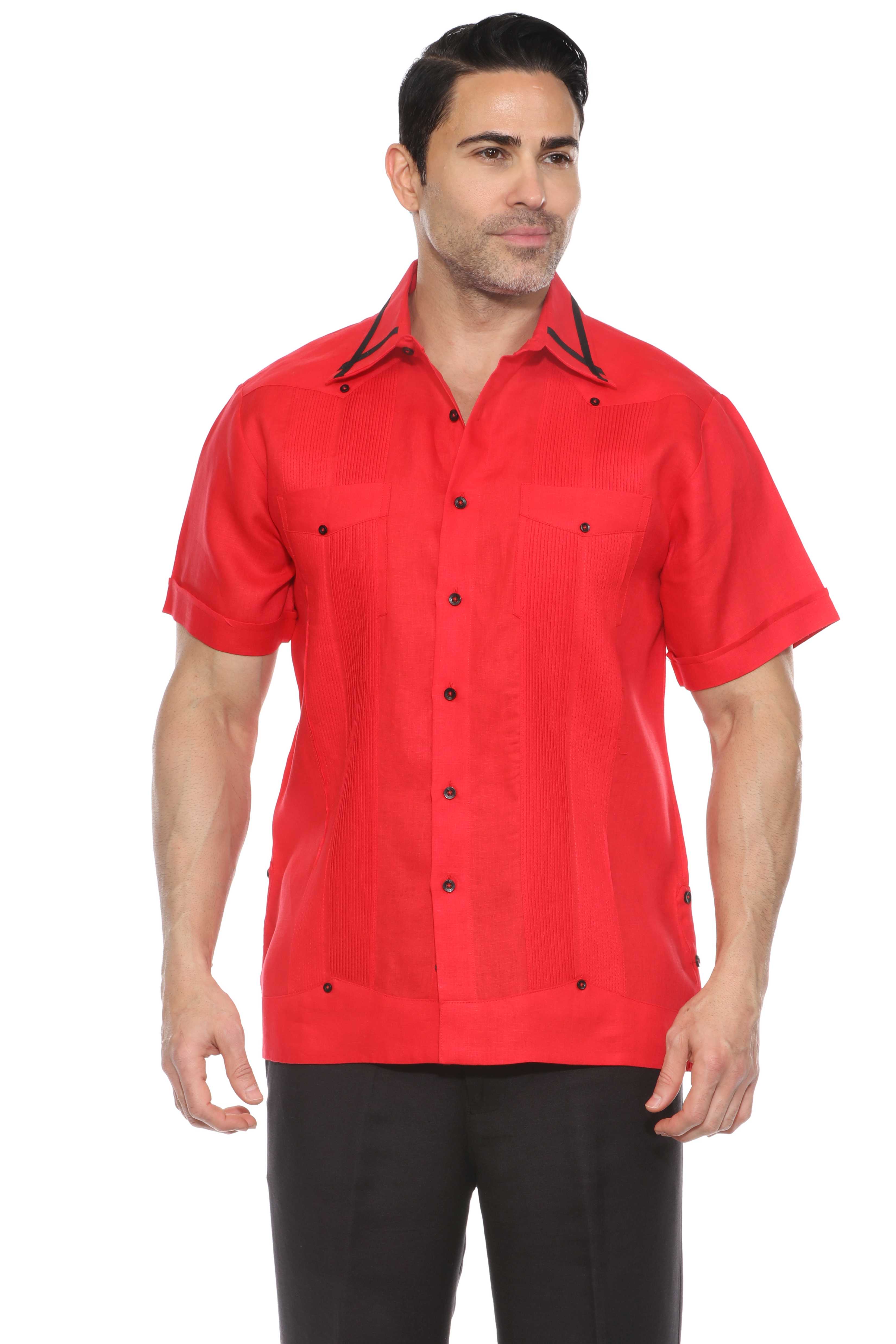 Camisa Guayabera para Hombre Manga Corta 100% Lino con Ribete en Contraste