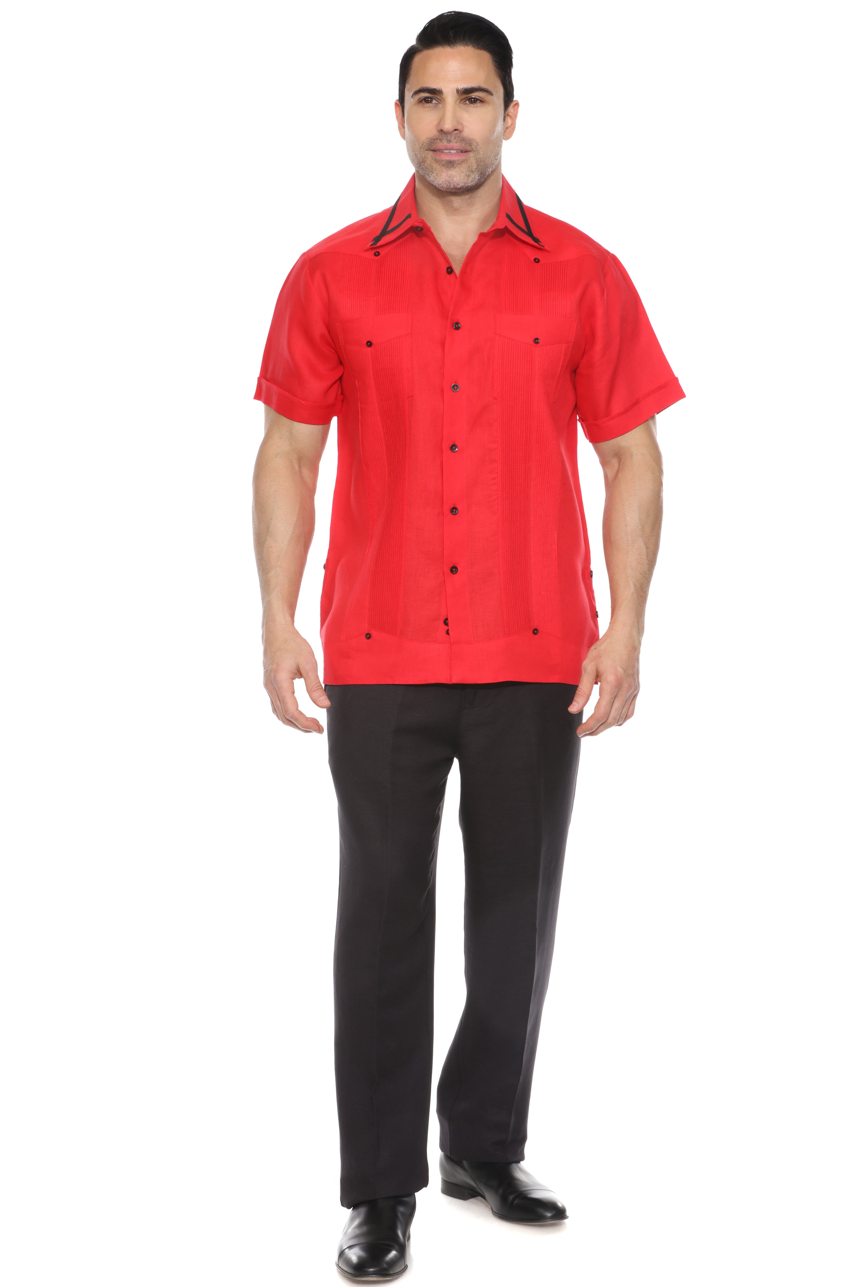 Camisa Guayabera para Hombre Manga Corta 100% Lino con Ribete en Contraste